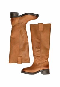 Botas de cuero marrón hasta la rodilla con puntera redondeada y tacón cuadrado, que presentan una superficie suave y sutiles detalles de costura.