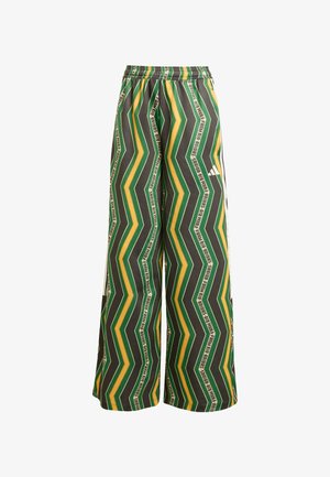 Pantalons larges multicolores présentant un motif en zigzag vert, jaune et gris, dotés d'une taille élastique et de détails de marque.