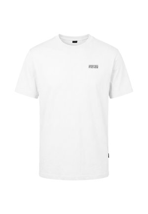 T-shirt blanc à manches courtes et col rond, avec un petit texte noir sur la poitrine gauche disant "UNTERM STRICH IST ALLES BESSER."
