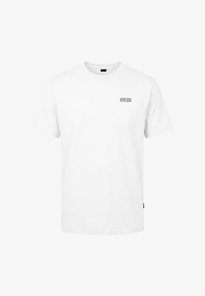 T-shirt blanc à manches courtes et col rond, avec un petit texte noir sur la poitrine gauche disant "UNTERM STRICH IST ALLES BESSER."