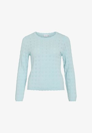 Lyseblå langærmet strikket sweater med bølgekant og et diskret firkantet hulmønster.