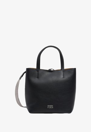 Black textured leather tote bag with two handles, detachable patterned shoulder strap, and "BIMBA Y LOLA" logo on front.