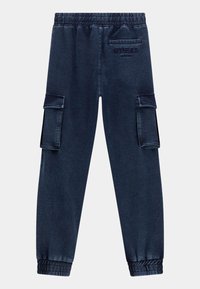 Marineblaue Cargo-Hosen mit elastischem Bund und Säumen, ausgestattet mit zwei Seitentaschen und einer Gesäßtasche, aus weichem Denim-Stoff gefertigt.