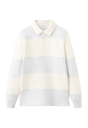 Polo met lange mouwen in grijs en crème, met horizontale strepen, een klassieke kraag en een knoopsluiting. Gemaakt van zachte stof.