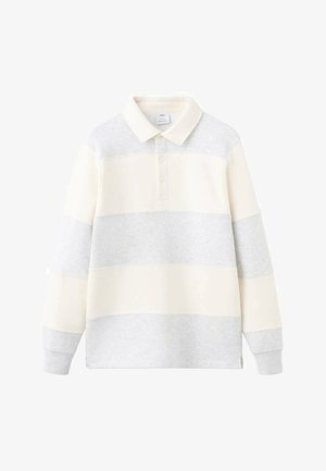 Dlouhý rukáv polo tričko v šedé a krémové barvě s vodorovnými pruhy, klasickým límečkem a zapínáním na knoflíky. Vyrobeno z měkké látky.