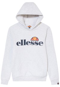 Felpa grigia con tasca frontale, cappuccio con cordino e un grande logo "ellesse" nero. Presenta una grafica semicircolare arancione e nera sopra il logo.