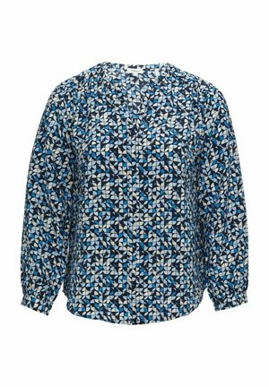 Langzaam blouse met lange mouwen in een geometrisch patroon met blauw, wit en zwart. Lichtgewicht stof met een V-hals en geplooide details bij de mouwen.