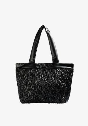 Black handbag featuring a quilted design with a smooth, shiny finish. Two padded handles and a rectangular shape.