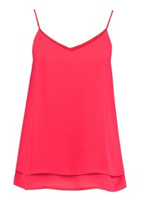 Bright pink sleeveless camisole with thin straps and a V-neckline, featuring a layered hem.