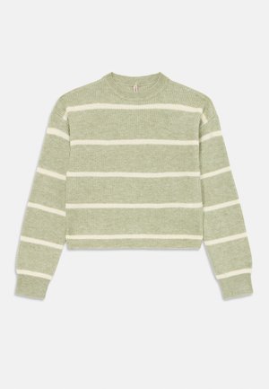 Maglione a coste verde chiaro con strisce orizzontali bianche. Presenta un collo a giro e maniche lunghe, design corto. Texture morbida.