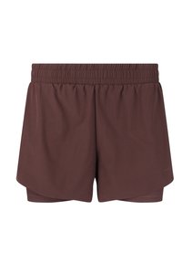 Shorts de sport marron avec une taille élastique, présentant un design ample et des fentes latérales pour une plus grande liberté de mouvement. Texture de tissu lisse.