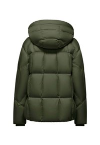 Giacca a vento in verde oliva scuro, presenta un design trapuntato con un grande cappuccio arrotondato e polsini elasticizzati. Texture liscia e ampia isolazione.