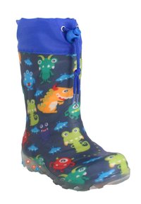 Blauwe regenlaars met een marineblauwe bovenkant bedekt met kleurrijke monsterpatronen. Translucente zool met verlichte accenten; uitgerust met een trekkoord aan de bovenkant.