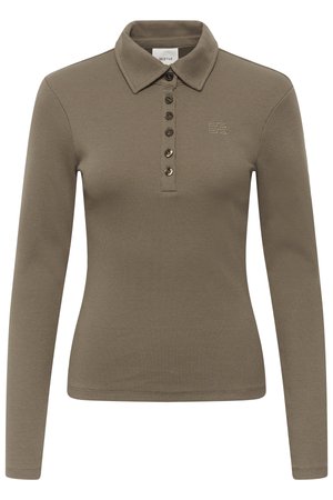 Langärmeliges olivgrünes Poloshirt aus Rippstoff, mit Kragen, fünf Knöpfen und dezentem Stickdetail.
