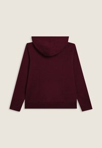 Felpa a maniche lunghe bordeaux vista dal retro, con cucitura in vita aderente e un design in tessuto semplice.