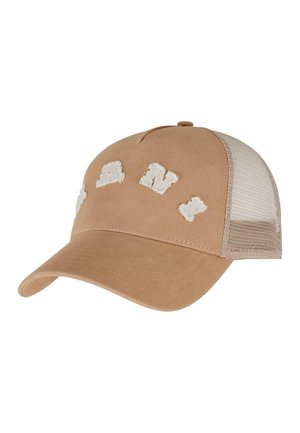 Beige baseball cap with white embroidered accents, a curved brim, and mesh back. Cotton front with a smooth texture.