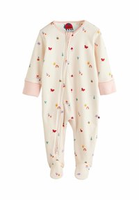 Långärmad babyhopsuit i krämfärg med flerfärgade mönster av insekter, blommor och regnbågar; blixtlåsstängning och fötter.