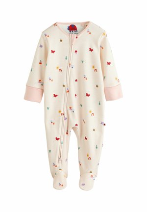 Langärmeliger Baby-Overall in Creme mit bunten Mustern von Insekten, Blumen und Regenbögen; mit Reißverschluss und Füßchen.