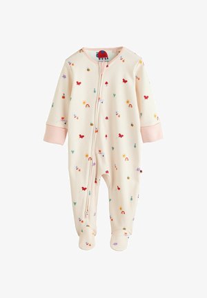 Bawełniany kombinezon dla niemowląt z długim rękawem w odcieniu kremowym, ozdobiony wielokolorowymi wzorami insektów, kwiatów i tęczy; zamek błyskawiczny oraz nogawki całkowicie zakryte.