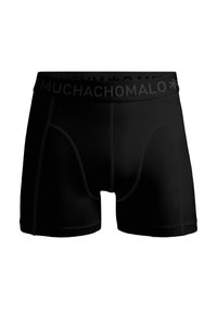 Fekete boxer alsónadrág rugalmas szövetből. Az elasztikus derékpánt márkanevet visel. Simaság, testhezálló dizájn, kontrasztos varrási részletekkel.