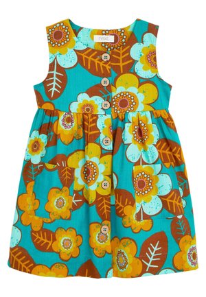 Robe turquoise sans manches pour tout-petit avec grand imprimé floral jaune et marron, boutons en bois sur le devant et deux poches plaquées.