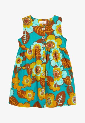Robe turquoise sans manches pour tout-petit avec grand imprimé floral jaune et marron, boutons en bois sur le devant et deux poches plaquées.