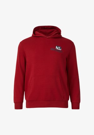 Felpa rossa realizzata in tessuto misto cotone, con tasca a marsupio, polsini a costine e logo stampato graficamente sul lato sinistro del petto.