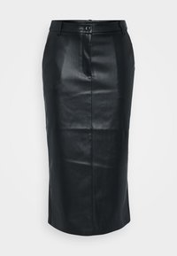 Fustă creion din piele neagră, cu talie înaltă, slit la spate, textură netedă și închidere cu un singur nasture. Prezintă un design ajustat, bine croi.