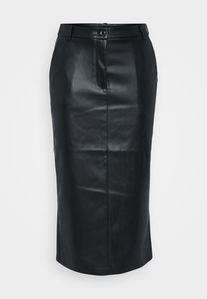 Μαύρη δερμάτινη μίνι φούστα με ψηλή μέση, πίσω σχισμή, λεία υφή και μονό κουμπί κλεισίματος. Διαθέτει κομψό και εφαρμοστό σχέδιο.