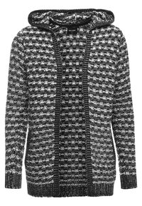 Gestrickter Hoodie-Pullover in Schwarz und Weiß mit strukturierter Musterung, langen Ärmeln und einer vorderen Öffnung ohne Verschlüsse.