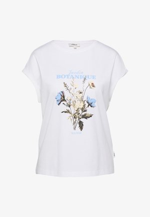 Witte T-shirt met korte mouwen en botanische print met blauwe en beige bloemen en de tekst "Jardin Botanique" en "s.Oliver" op de voorkant.