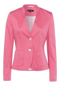 Veste blazer rose avec col cranté, deux poches avant et fermeture à boutons. Fabriquée en tissu lisse avec une coupe ajustée.