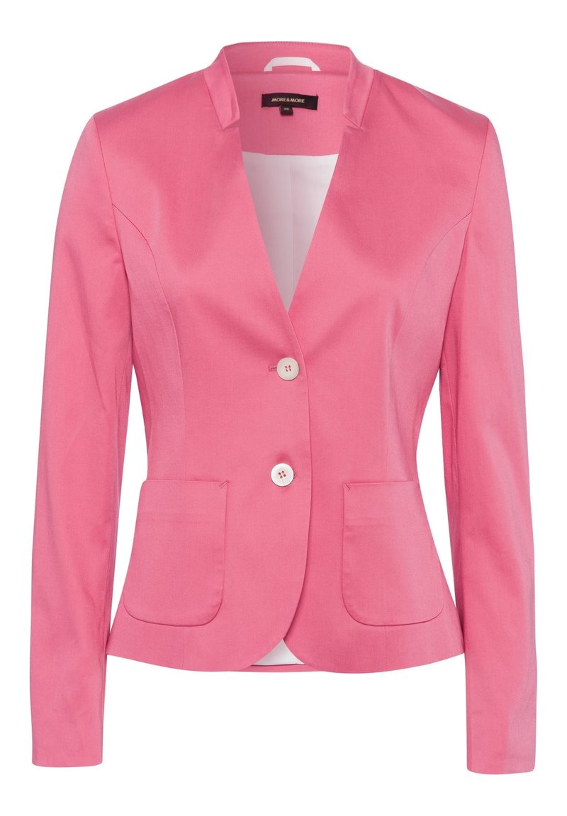 Veste blazer rose avec col cranté, deux poches avant et fermeture à boutons. Fabriquée en tissu lisse avec une coupe ajustée.