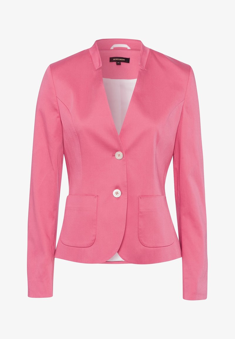 Veste blazer rose avec col cranté, deux poches avant et fermeture à boutons. Fabriquée en tissu lisse avec une coupe ajustée.