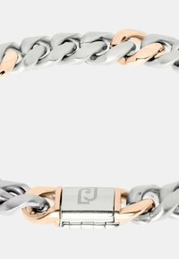 Bracciale in argento e oro rosa con anelli intrecciati, una texture liscia e una chiusura sicura con incisioni.