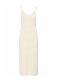 Abito a maglia color crema con spalline sottili, silhouette aderente, texture a costine e design al ginocchio.