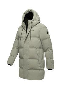 Puffjacke in Hellgrau mit Kapuze, ausgestattet mit einem Reißverschluss, elastischen Bündchen und Seitentaschen. Hergestellt aus weichem, gestepptem Material.