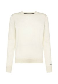 Maglione color crema con maniche lunghe, colletto rotondo, polsini e orlo a coste, caratterizzato da una leggera trama e un piccolo simbolo sulla manica sinistra.