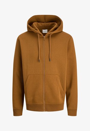 Brązowa bluza z kapturem na pełny zamek, z przednimi kieszeniami i regulowanym sznurkiem w kapturze, wykonana z miękkiego materiału z ściągaczami przy mankietach i u dołu.