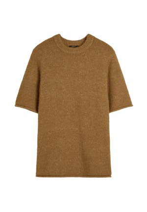 Brązowy dzianinowy sweter z krótkim rękawem o okrągłym dekolcie, charakteryzujący się miękką teksturą i luźnym krojem. Prosty i minimalistyczny design.