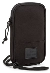 Black fabric pouch with zip closure, rectangular shape, front logo patch, and an adjustable strap for versatile carrying.
