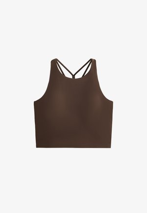 Braunes sportliches Crop-Top mit glatter Textur, das über einen hohen Kragen und überkreuzte Träger auf dem Rücken für zusätzlichen Halt verfügt.