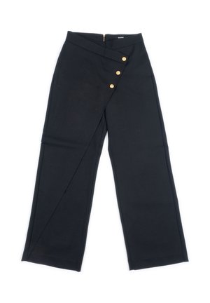 Pantaloni neri a vita alta, con un design avvolgente, tre bottoni dorati e una zip nascosta sul retro. Tessuto liscio.