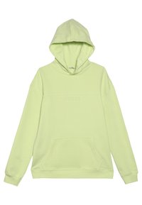 Sudadera con capucha en un verde lima claro, con un bolsillo frontal, mangas largas y un logo "GUESS" en relieve en el pecho. Textura de algodón suave.