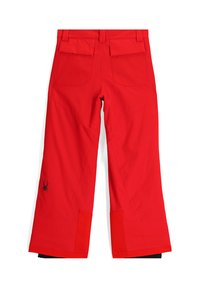 Pantaloni da sci rossi realizzati in tessuto resistente alle intemperie. Le caratteristiche includono due tasche posteriori, un logo a ragno, orli rinforzati e un design a gamba larga.