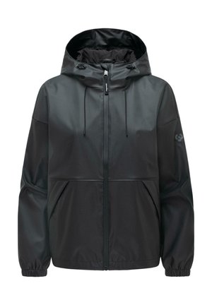 Svart vanntett hettejakke med frontglidelås, snorer på hette, elastiske mansjetter og sidelommer.