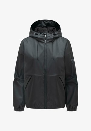 Zwarte waterdichte regenjas met capuchon, voorste rits, trekkoorden aan de capuchon, elastische manchetten en zijzakken.