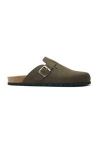 Olive green suede clog with a cork footbed, black rubber outsole, and a side buckle. Open-back design with smooth texture and minimal accents.