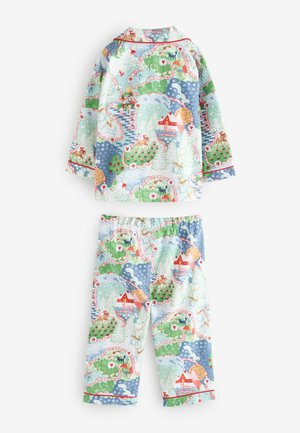 Pijamale imprimate pentru copii, cu un design colorat de peisaj în nuanțe de roșu, verde și albastru, confecționate dintr-un material moale, cu o margine contrastantă.