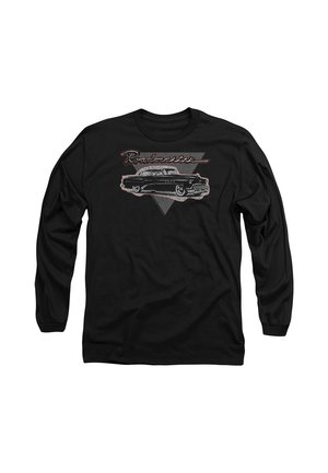 Schwarzes Langarmshirt mit Vintage-Auto-Grafik und dem Wort „Roadmaster“ über dem Auto in Rot- und Grautönen.